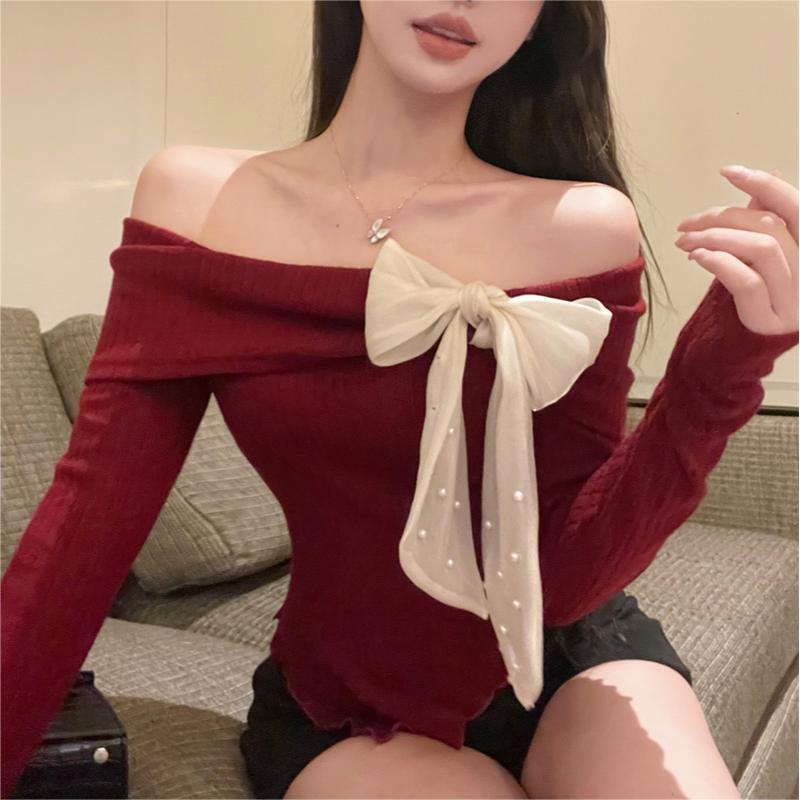 outfit Spring off-Shoulder Big Bow off-Shoulder Long Sleeve T-shirt Women's Sweater Top Bottoming Sweater