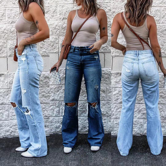 lookbook outfits New Washed Ripped Casual Loose Mid Waist Wide Leg Retro Style Slim Fit Women's Jeans