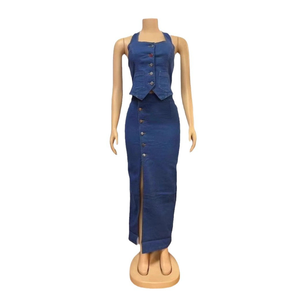 fashion outfits Women's Fashion Button Pocket Halter Split Denim Long Dress Suit