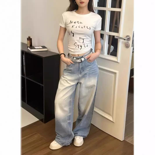 y2k outfits American Loose Jeans Men's and Women's Summer Retro Distressed High Street Wide-Leg Casual Long Pants