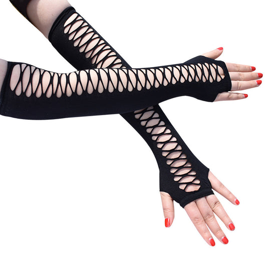 fairy costume Women's Mid-Length Flat Finger Ripped Hollow Cross Mesh Stretch Gloves Vintage Party Cos Trendy Accessories