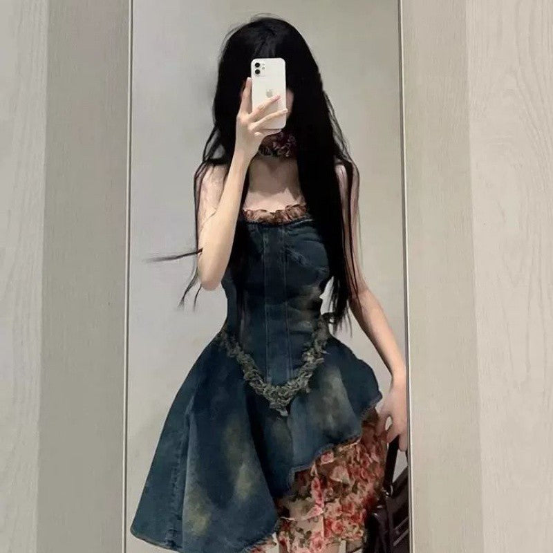 fall 2024 fashion trends French Style Sweet Hot Girl Tube Top Denim Dress Women's Summer High-Grade Waist Slimming Pettiskirt Small