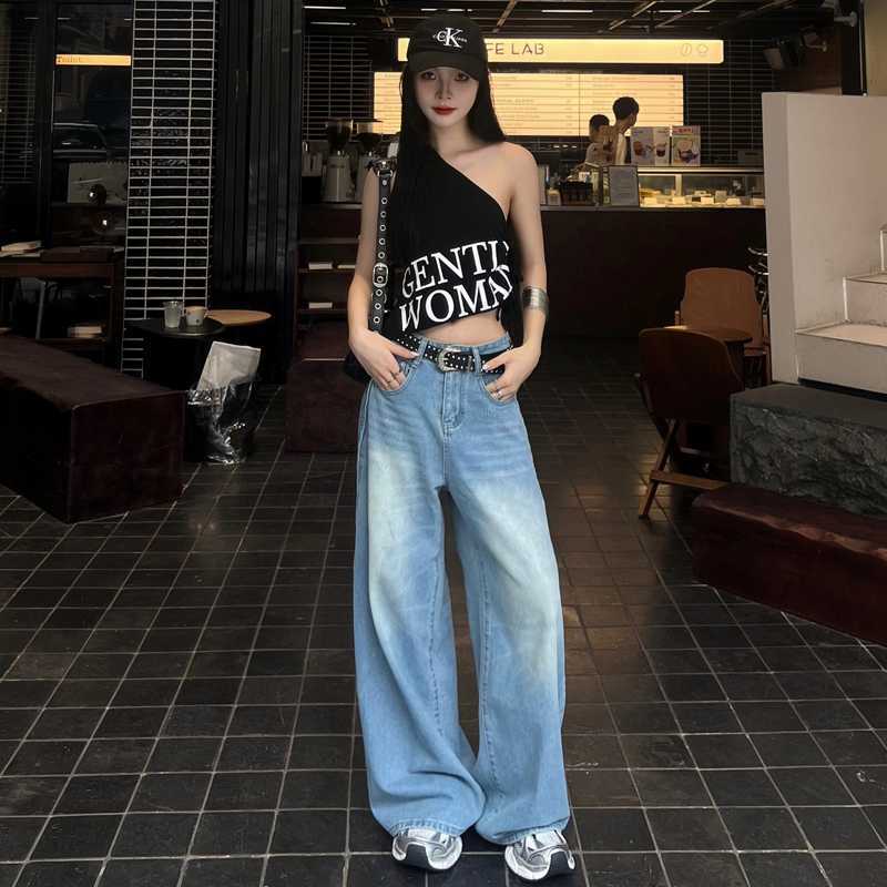 y2k outfits Light Blue Worn Washed Blue Denim Wide-Leg Pants Women's Loose Slimming Straight Pants Mop Pants