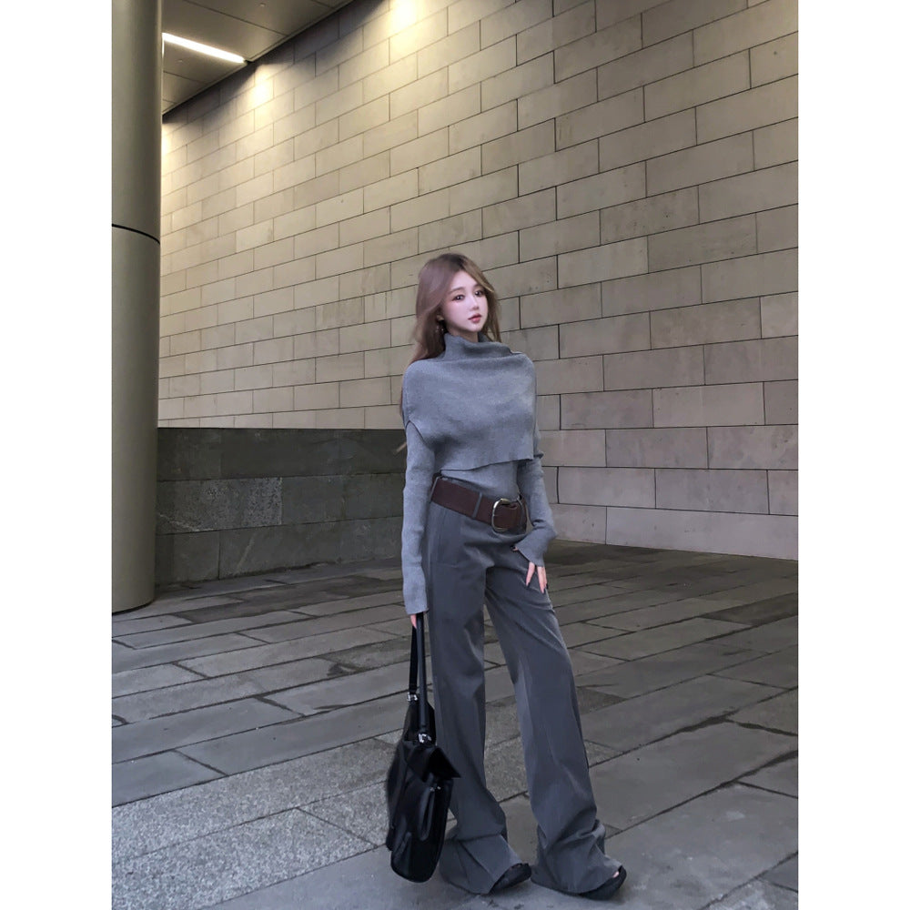 business casual outfits High-End Gray Shawl Long-Sleeved Sweater Low Waist Mopping Casual Pants 2024 Winter Fashion Suit Women