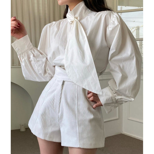 fruitful fashion dress to impress Chic Autumn French Elegant Pearl Button Puff Sleeve Shirt + Irregular High Waist Shorts Suit