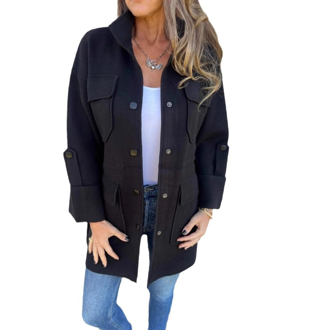 brown puffer jacket outfit Autumn and Winter Fashion Stand Collar Button Nine-Quarter Sleeve Multi-Pocket Double-Sided Woolen Women's Coat