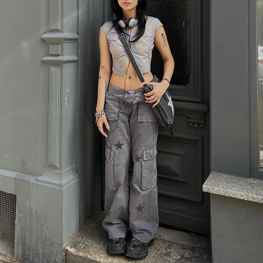 y2k outfits Street Retro Style Low Waist Denim Overalls Star Print Large Pocket Straight Casual Pants