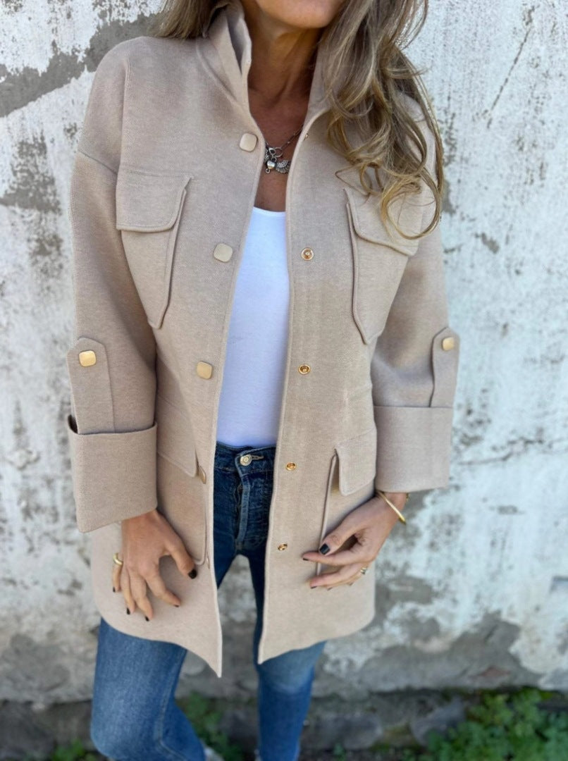 brown puffer jacket outfit Autumn and Winter Fashion Stand Collar Button Nine-Quarter Sleeve Multi-Pocket Double-Sided Woolen Women's Coat