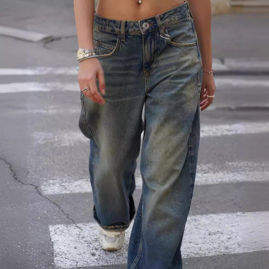 concert outfit American Retro Hot Girl Jeans High Street Low Waist Distressed Oversize Wide Leg Drape Mop Long Pants Trendy Women