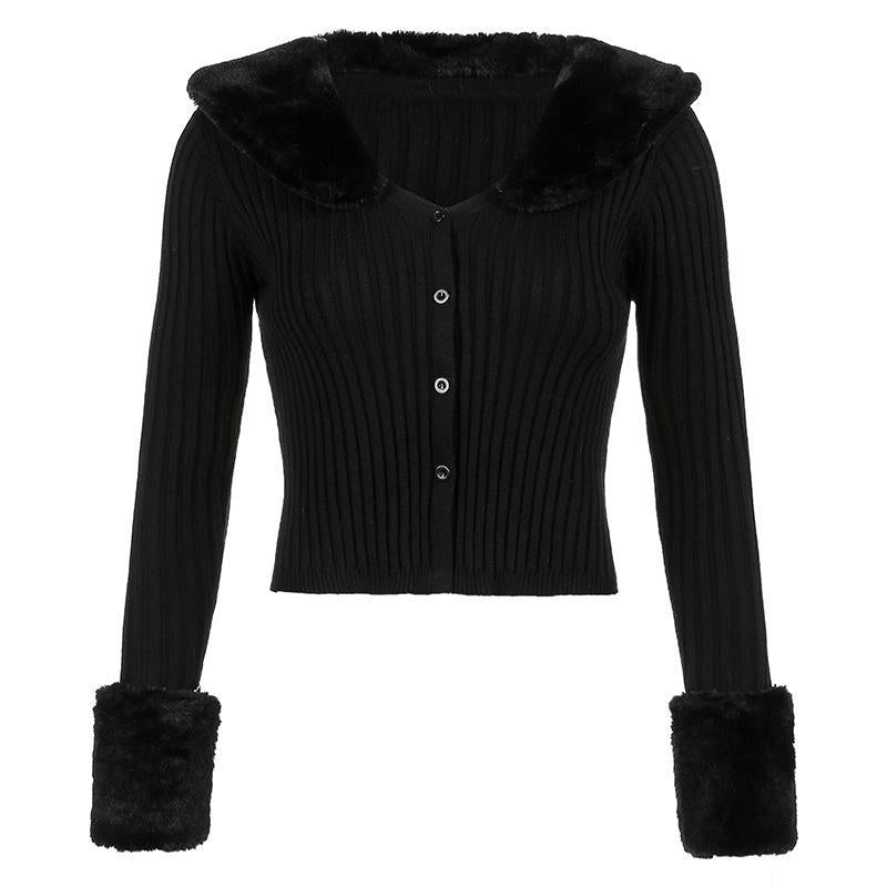 joker costume female outfit Autumn Fur Collar Solid Color Sweater Fashion Slim Slimming Cardigan Sweater Casual Top