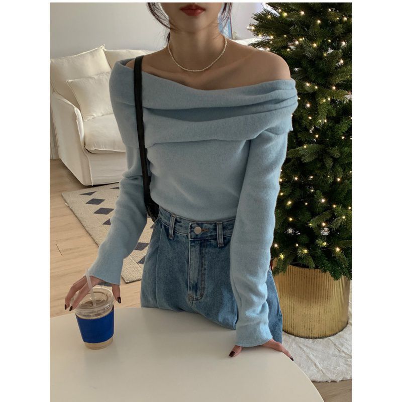 trending fall outfits Milk Soft Blue off-Shoulder Sweater Women's Spring and Autumn off-Shoulder Large Lapel Bottoming Shirt Slim Slimming Long Sleeve Sweater