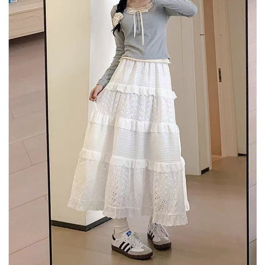 church outfit 2024 Women's Spring and Summer New White Cake Skirt High Waist Mid-Length Jacquard Small Lace Skirt A- line Skirt