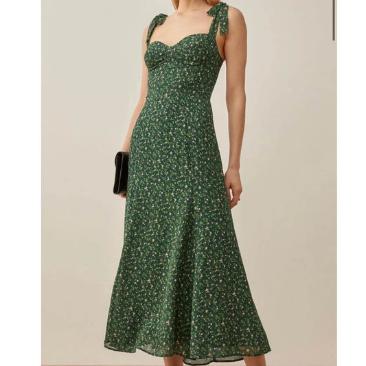 indie dress to impress Summer French Style Retro Dark Green Small Floral Slim Waist Long Sling Dress