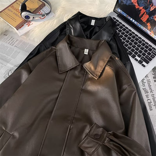 outfit inspo fall American-Style Men's and Women's Leather Jacket Retro Camisole High-Grade Hong Kong-Style Leather Jacket Simple Couple Jacket