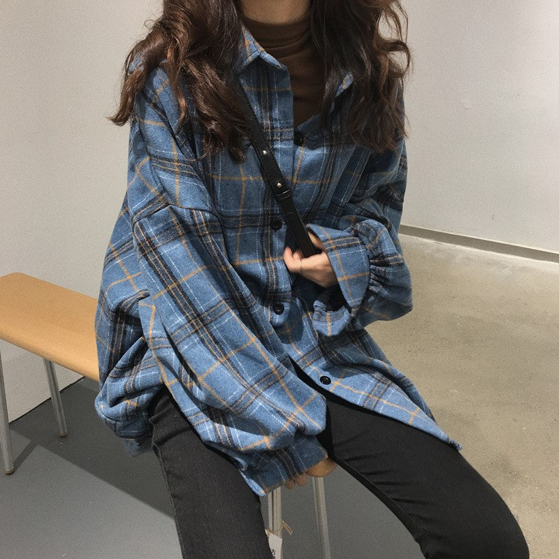 college outfits aesthetic Brushed Lapel Plaid Shirt Women's Clothing Winter New Retro Hong Kong Style French Fashion Top Student Coat