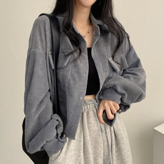 fall outfits aesthetic Corduroy Shirt Chic Spring French Retro All-Match Single-Breasted Lapel Long Sleeve Coat for Women