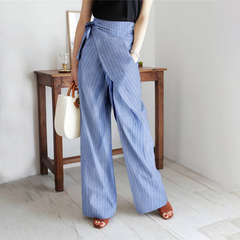 curvy casual outfits Women's Casual Pants Fashionable Striped Design Trousers Autumn Lace-up Trousers