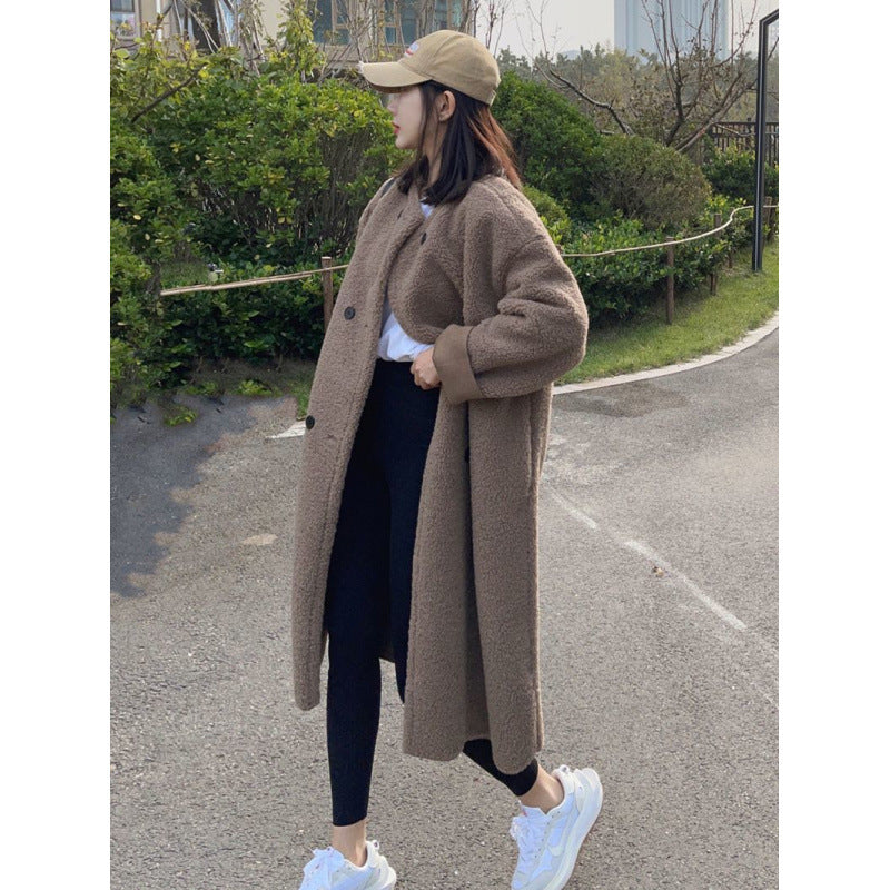 cold weather outfits Chubby Girl plus Size Autumn and Winter Lamb Plush Loose Thickened Double-Breasted Mid-Length Overcoat Coat for Women