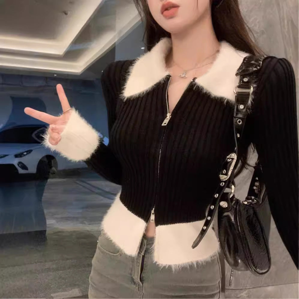 joker costume female outfit Sweet and Spicy Fur Collar Knitted Cardigan Women's Niche Double Zipper Slimming Short Sweater