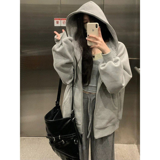 90s streetwear American Casual Gray Hooded Zipper Cardigan Sweater for Women 2024 Autumn New Loose Lazy Style Coat