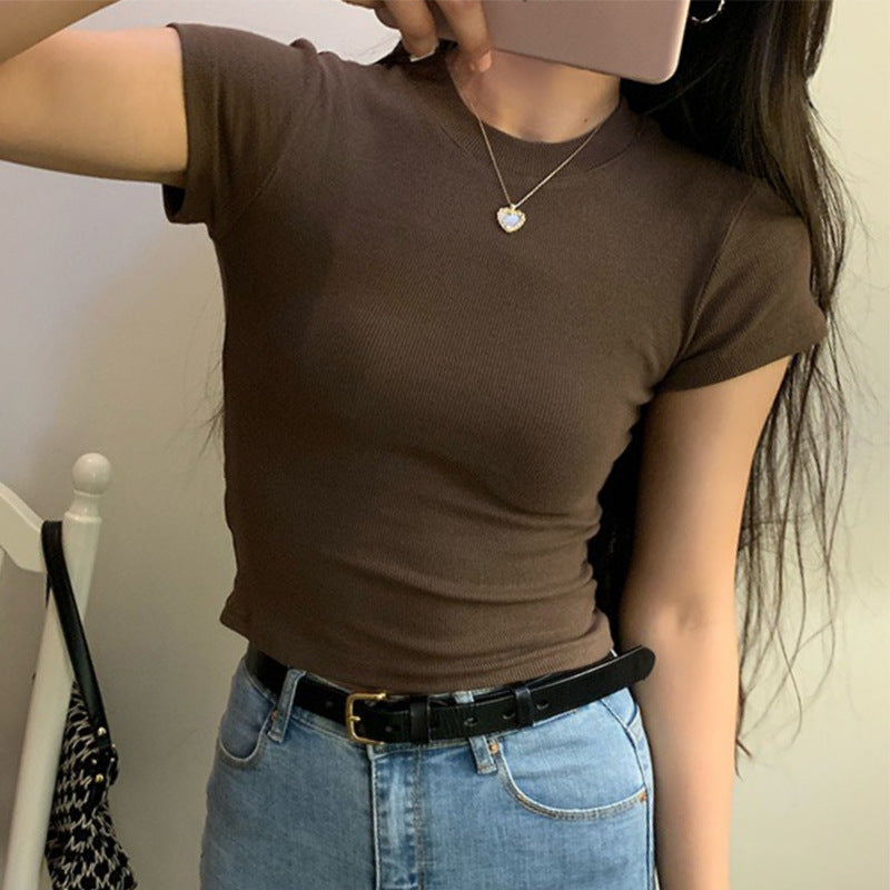 picture day outfit highschool Women's American-Style Short-Sleeved T-shirt with Straight Shoulder Thread Basic Summer New off-the-Collarbone Sexy Hot Girl Ins Short Top