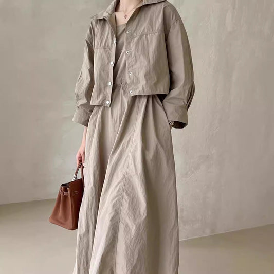 church outfit Chic Autumn Retro Elegant Drawstring Waist Strap Dress + Loose All-Match Long Sleeve Short Coat for Women