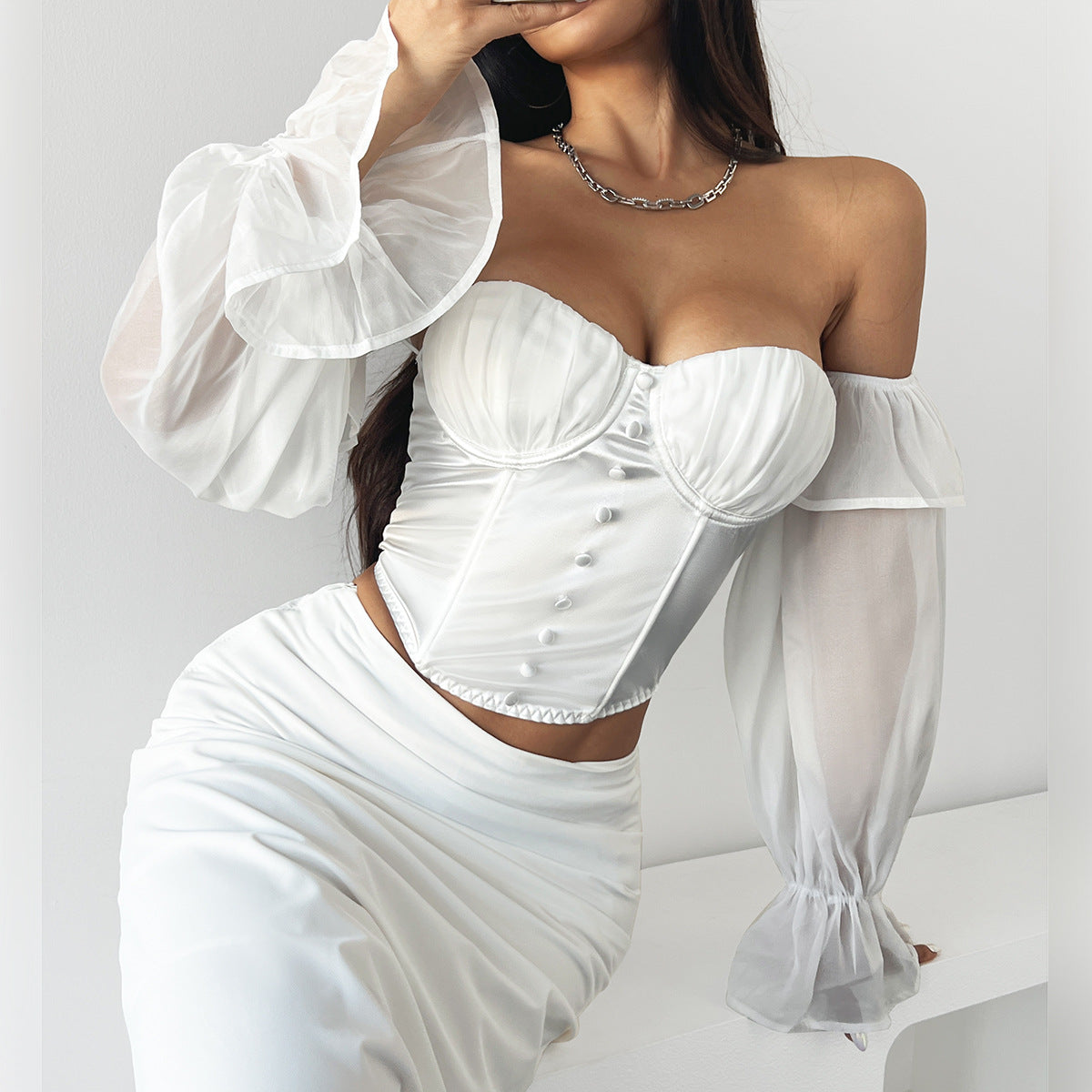 going out outfits French Fashion Satin High-Grade Pleated Steel Ring Fishbone Mesh Flared Sleeve off-the-Shoulder Hot Girl Top