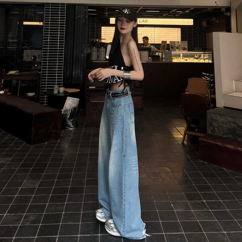 y2k outfits Light Blue Worn Washed Blue Denim Wide-Leg Pants Women's Loose Slimming Straight Pants Mop Pants