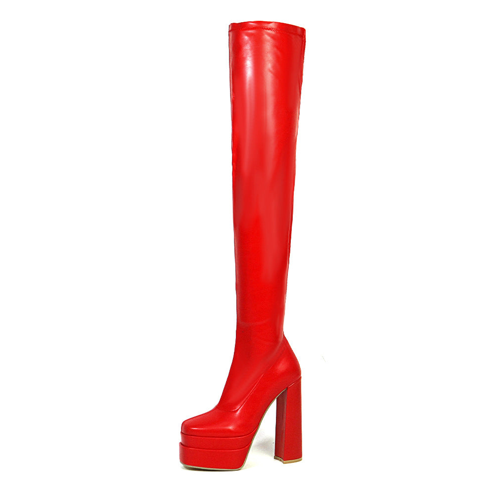 shoes Super High Heel over-the-Knee Half-Side Zipper Platform Thick Heel Square Toe Stretch Fashion Women's Boots