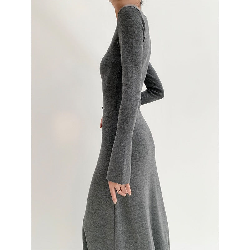 fashion outfits Autumn and Winter Slim Fit Slimming Inner Long Sleeve Mid-Length Bottoming Hip Skirt Square Collar Knitted Dress Women