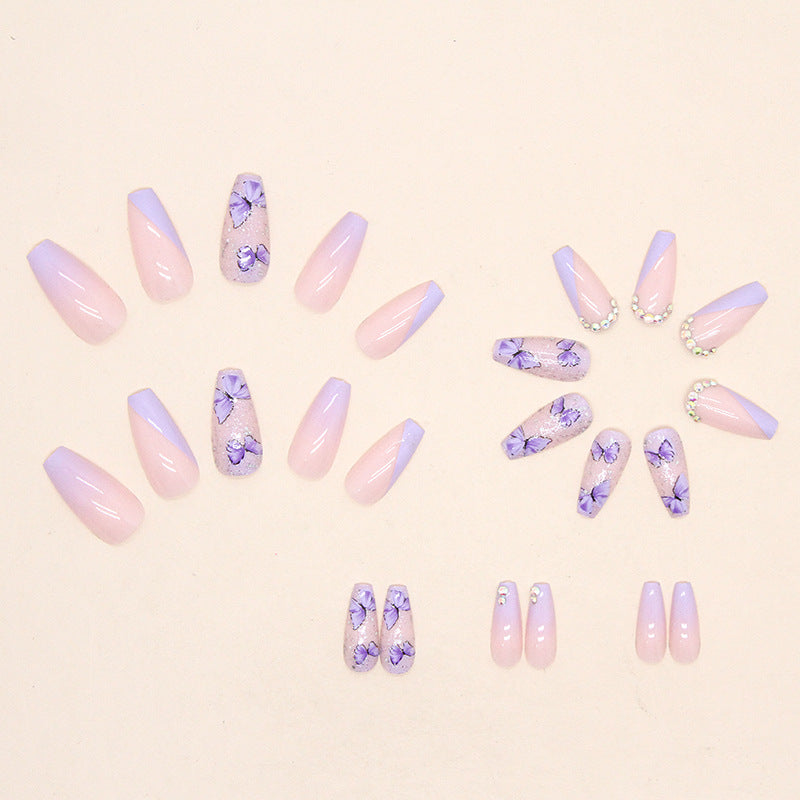 women’s fashion Shiny Broken Diamond Ice Cream Taro Purple Butterfly Manicure Light Purple French Princess Style Wear Nail Fake Nails