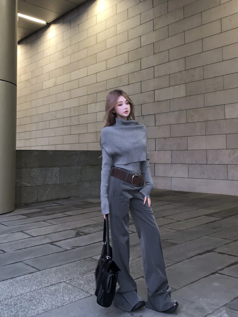 business casual outfits High-End Gray Shawl Long-Sleeved Sweater Low Waist Mopping Casual Pants 2024 Winter Fashion Suit Women