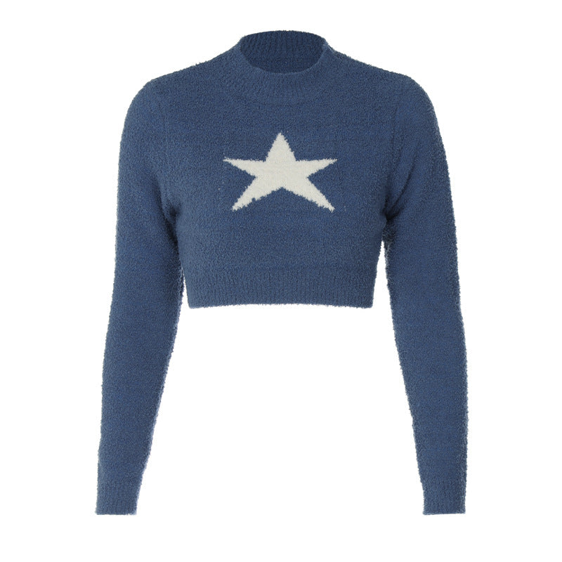 clothes Wind Five-Pointed Star Long-Sleeved Knitted Sweater Spring Hot Girl Sexy High Waist Navel Top