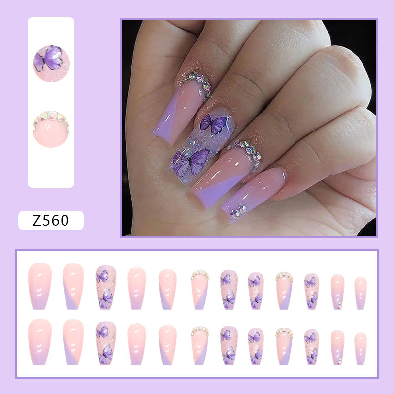 women’s fashion Shiny Broken Diamond Ice Cream Taro Purple Butterfly Manicure Light Purple French Princess Style Wear Nail Fake Nails