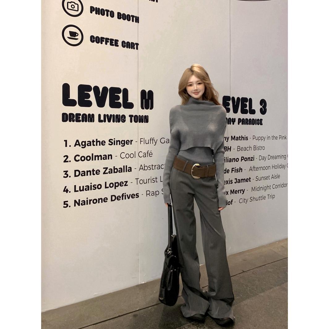 business casual outfits High-End Gray Shawl Long-Sleeved Sweater Low Waist Mopping Casual Pants 2024 Winter Fashion Suit Women