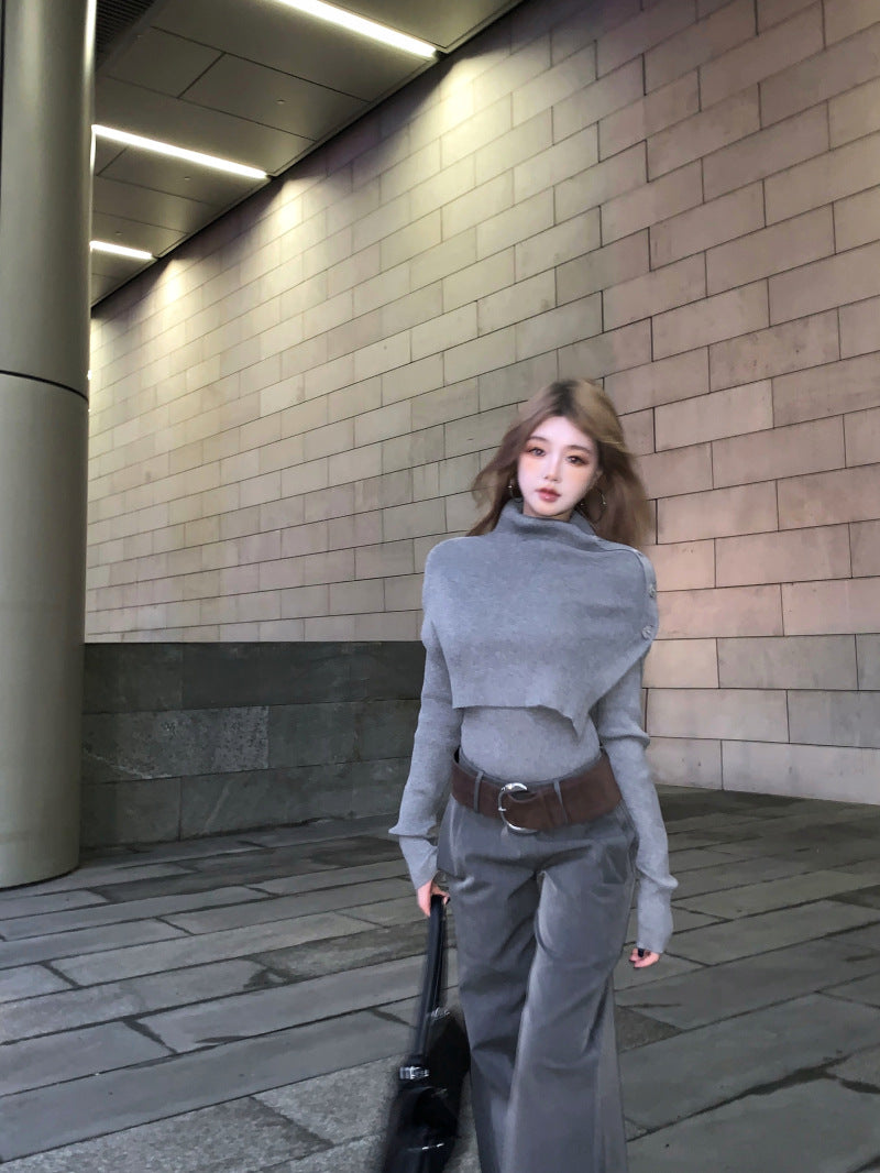 business casual outfits High-End Gray Shawl Long-Sleeved Sweater Low Waist Mopping Casual Pants 2024 Winter Fashion Suit Women