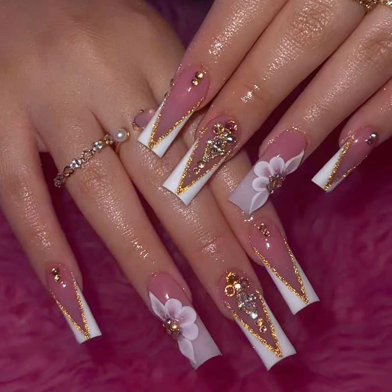 nails Gold Glitter Wear Nail V French Style White Edge Flower Three-Dimensional Rhinestone Nail Beauty Piece Autumn and Winter Nail Piece Batch