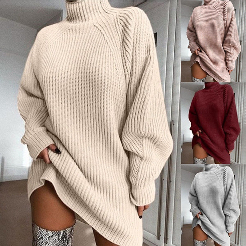 long sweater dress outfit Autumn and Winter New Women's Sweater Mid-Length Raglan Sleeve Half Turtleneck Women's Sweater Dress