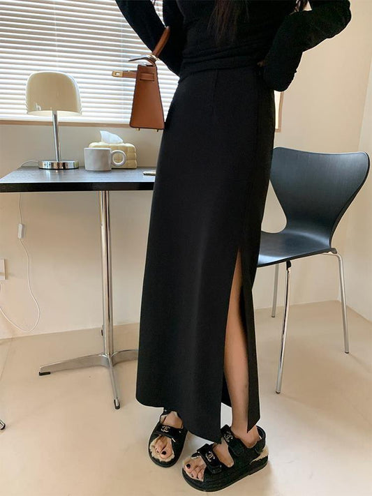 curvy casual outfits Spring and Autumn Black Skirt Women's Split Long High Waist Draping A- line Cover Slim Straight Skirt