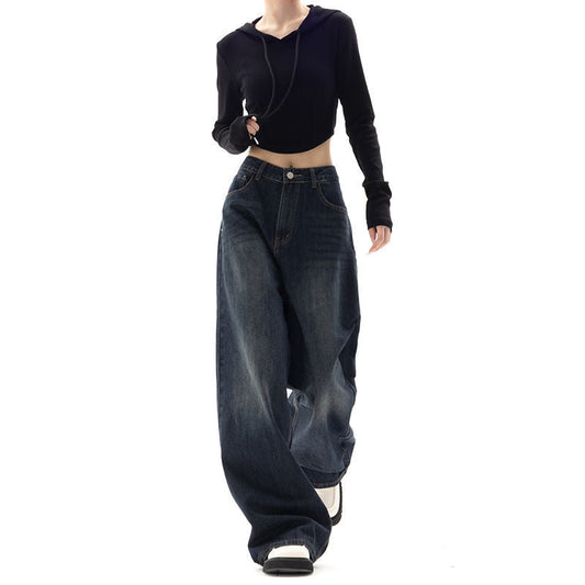 picture day outfit American Retro Street Wide-Leg Pants Design Sense Niche Blue Mopping Pants High Waist Loose High Waist Jeans for Women