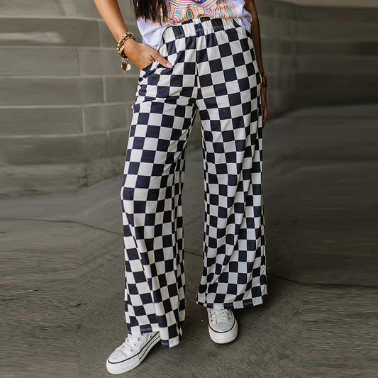 teacher outfits Spring New Chessboard Plaid Printed Casual Pants for Women Personality Niche Loose High Waist Wide Leg Pants for Women