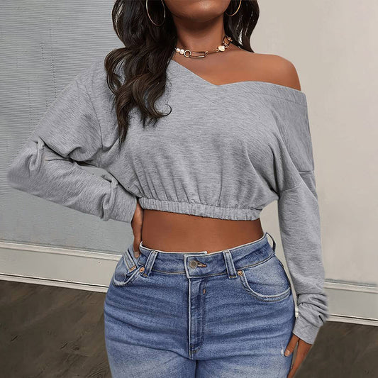 fashion outfits Autumn and Winter Women's Sexy V-neck Top T-shirt Casual Sports Fashion Cropped Sweater