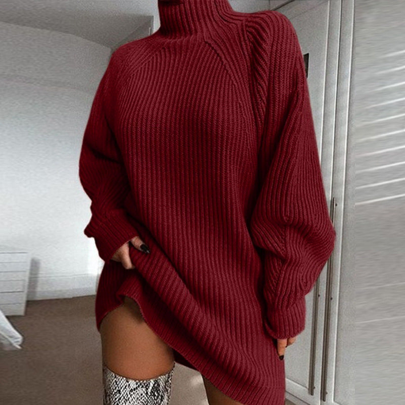 long sweater dress outfit Autumn and Winter New Women's Sweater Mid-Length Raglan Sleeve Half Turtleneck Women's Sweater Dress