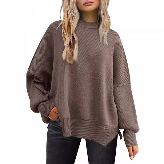 fall outfits women 24 round Neck Bat Long Sleeve Autumn Knitted Side Slit Women's Loose Sweater Pullover