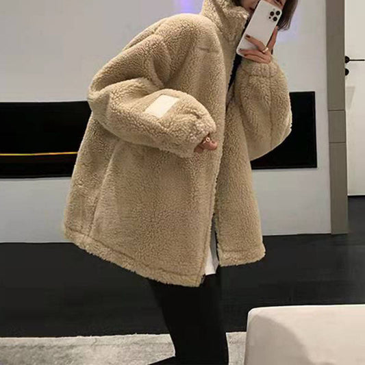 tailgate outfit black women Lamb Wool Coat Trendy Women's Winter Korean Style Loose Khaki Thickened Coat Western Style Age-Reducing Stand Collar Casual Outerwear