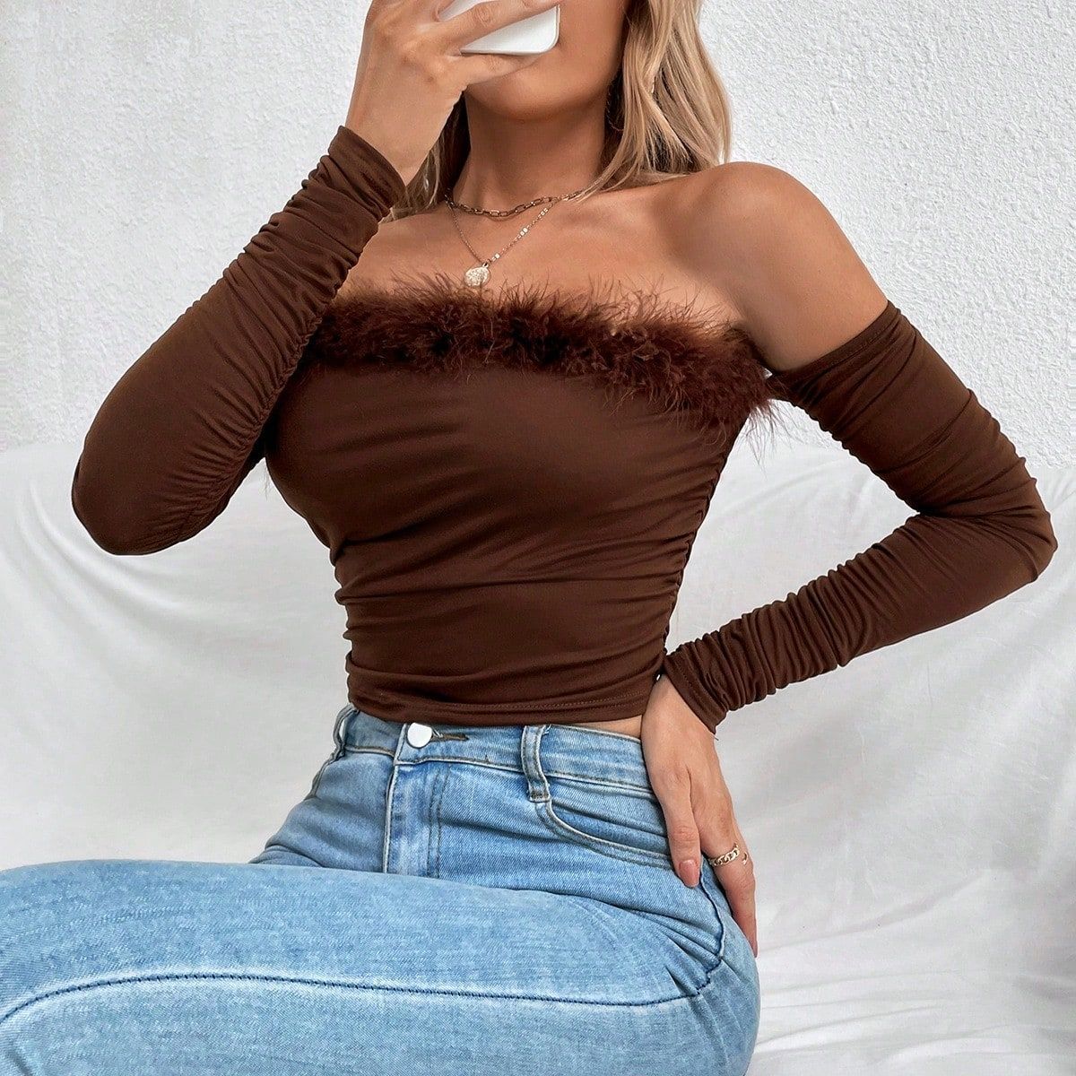 leapord halloween outfit Women's Summer Retro Fur Collar Tube Top Long-Sleeved Top off-the-Neck Backless off-Shoulder Top