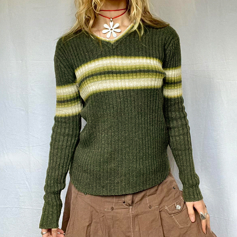 knitted Retro Striped Contrast Color Sweater Preppy Style Slimming Casual V-neck Hot Girl Woolen Pullover