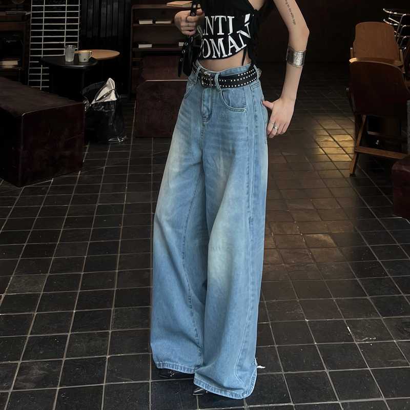 y2k outfits Light Blue Worn Washed Blue Denim Wide-Leg Pants Women's Loose Slimming Straight Pants Mop Pants