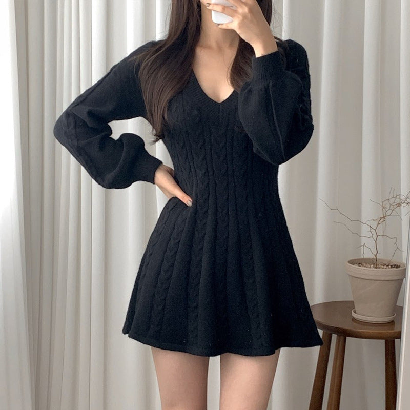 long sweater dress outfit Chic Elegant Twist Knitted Dress Women's Autumn and Winter Lantern Mid-Length Waist V-neck Sweater Women