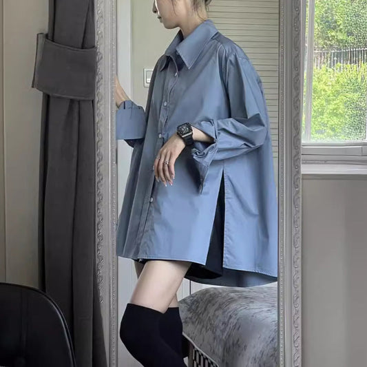 outfit inspo Haze Blue Casual Long-Sleeved Shirt Women's Loose Lazy Style Spring New High-Grade Stacked All-Match Temperament Top